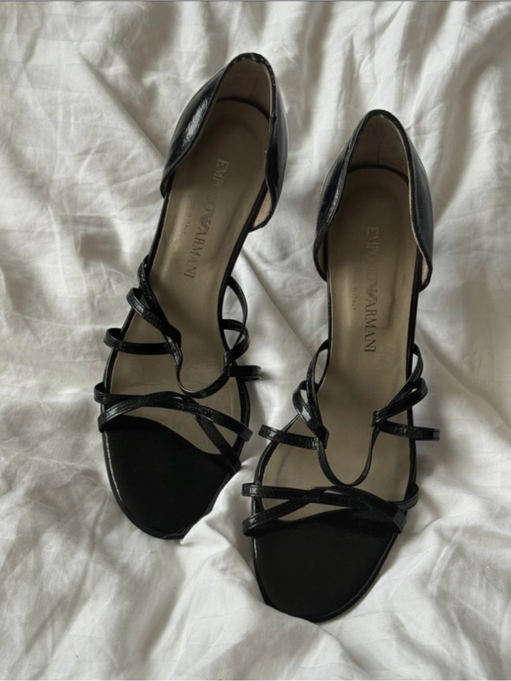 Emporio Armani Black Patent Strappy Open-Toe Heels